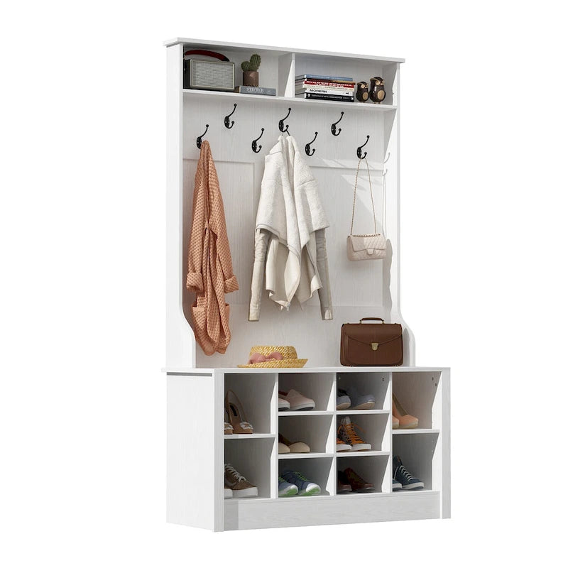 Meuble d'entrée avec patères, banc de rangement à chaussures en bois blanc