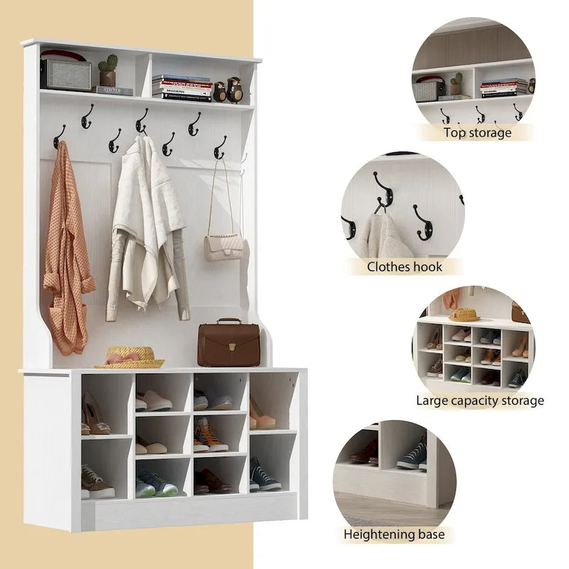 Meuble d'entrée avec patères, banc de rangement à chaussures en bois blanc