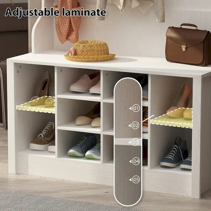 Meuble d'entrée avec patères, banc de rangement à chaussures en bois blanc