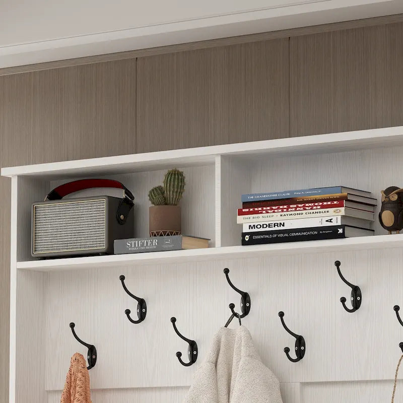 Meuble d'entrée avec patères, banc de rangement à chaussures en bois blanc