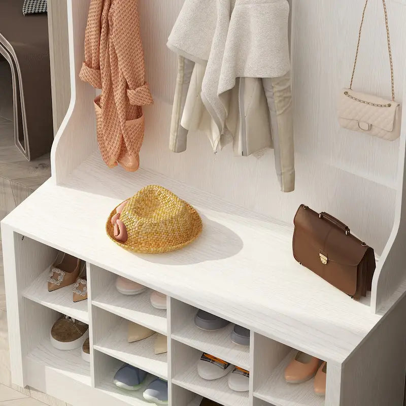 Meuble d'entrée avec patères, banc de rangement à chaussures en bois blanc