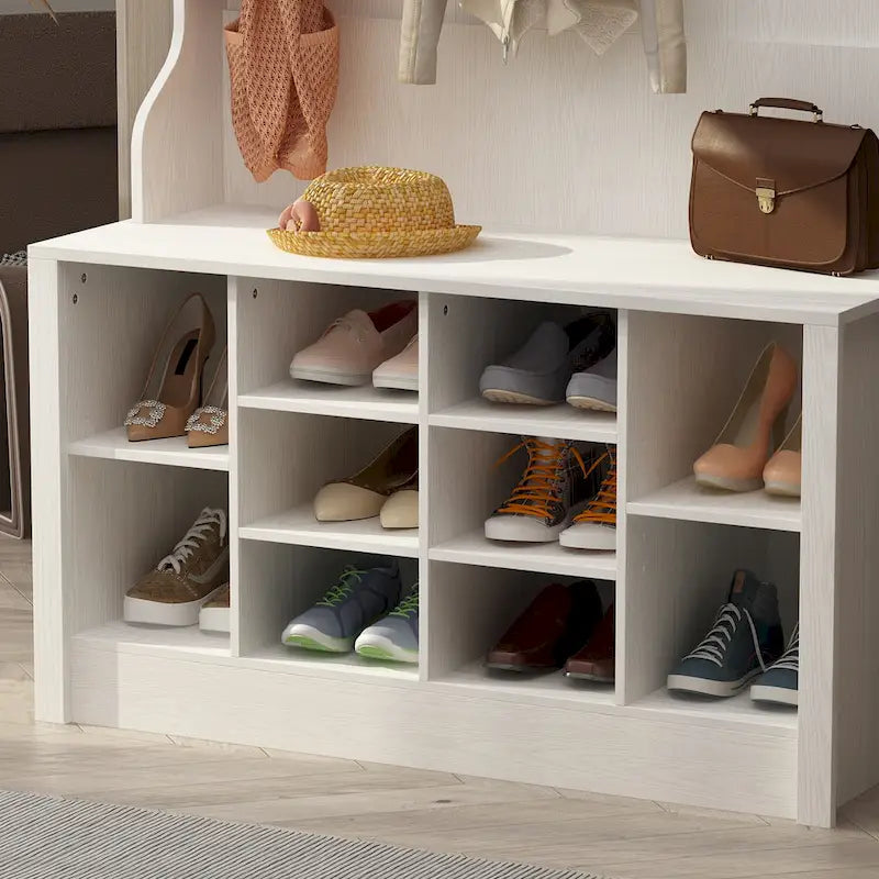 Meuble d'entrée avec patères, banc de rangement à chaussures en bois blanc