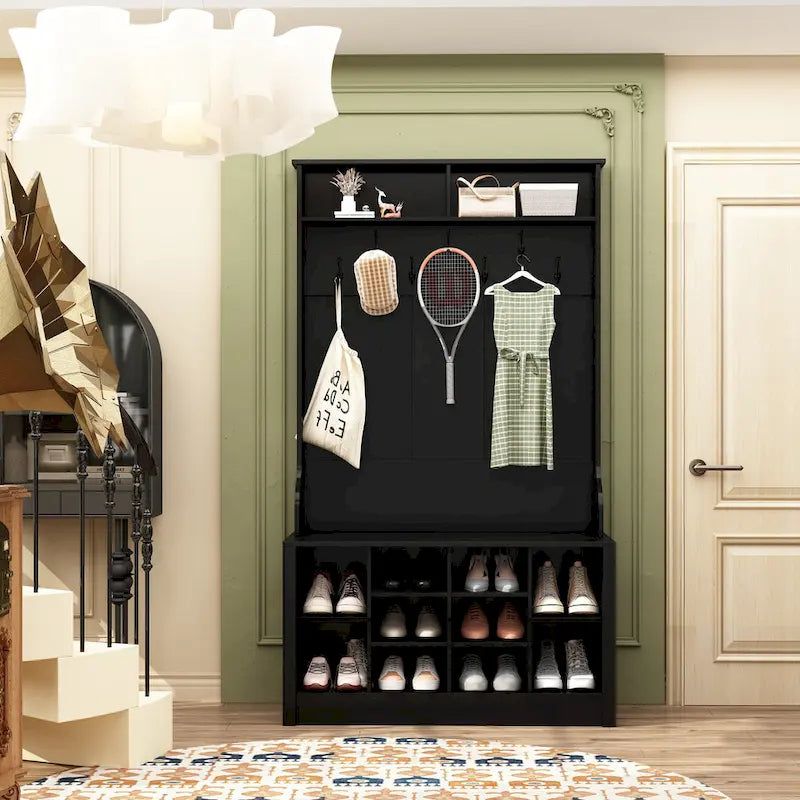 Meuble d'entrée avec patères, banc de rangement à chaussures en bois blanc
