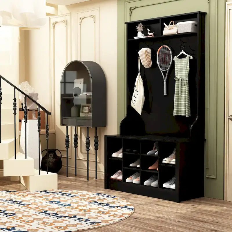 Meuble d'entrée avec patères, banc de rangement à chaussures en bois blanc