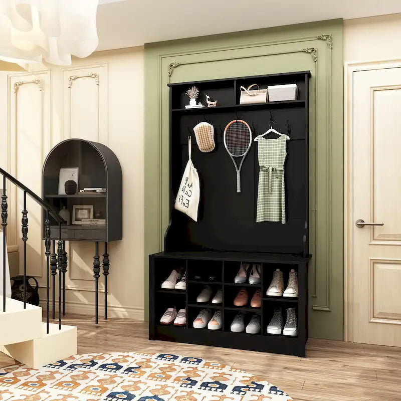 Meuble d'entrée avec patères, banc de rangement à chaussures en bois blanc
