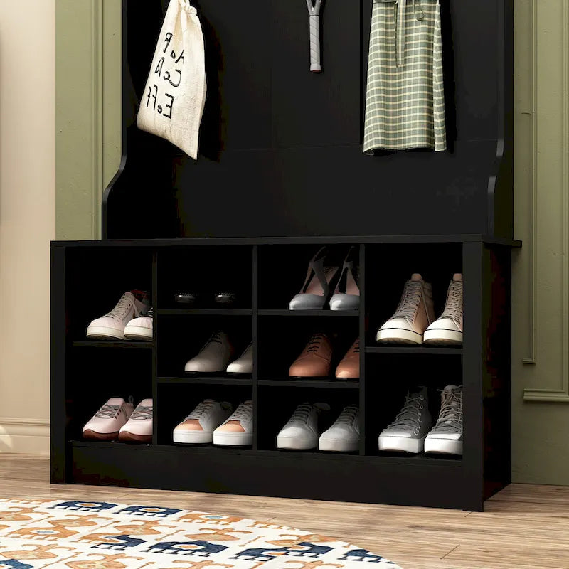 Meuble d'entrée avec patères, banc de rangement à chaussures en bois blanc