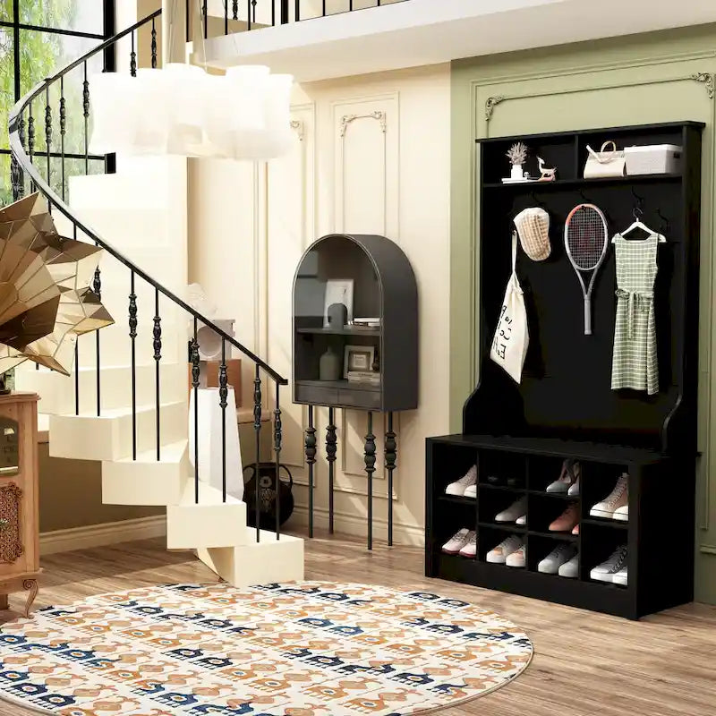 Meuble d'entrée avec patères, banc de rangement à chaussures en bois blanc