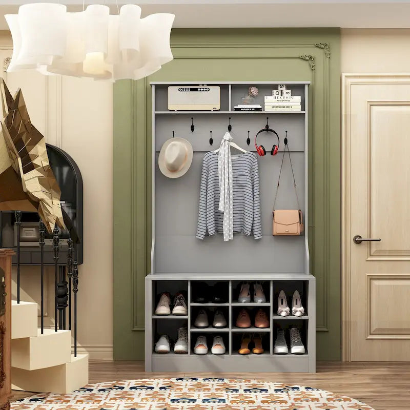 Meuble d'entrée avec patères, banc de rangement à chaussures en bois blanc