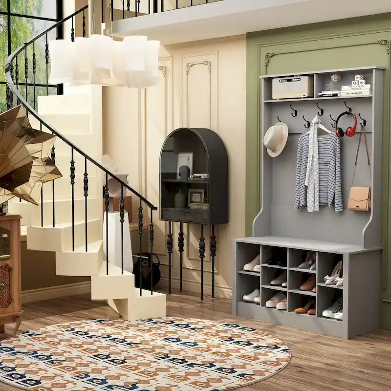 Meuble d'entrée avec patères, banc de rangement à chaussures en bois blanc
