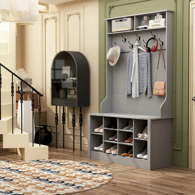 Meuble d'entrée avec patères, banc de rangement à chaussures en bois blanc