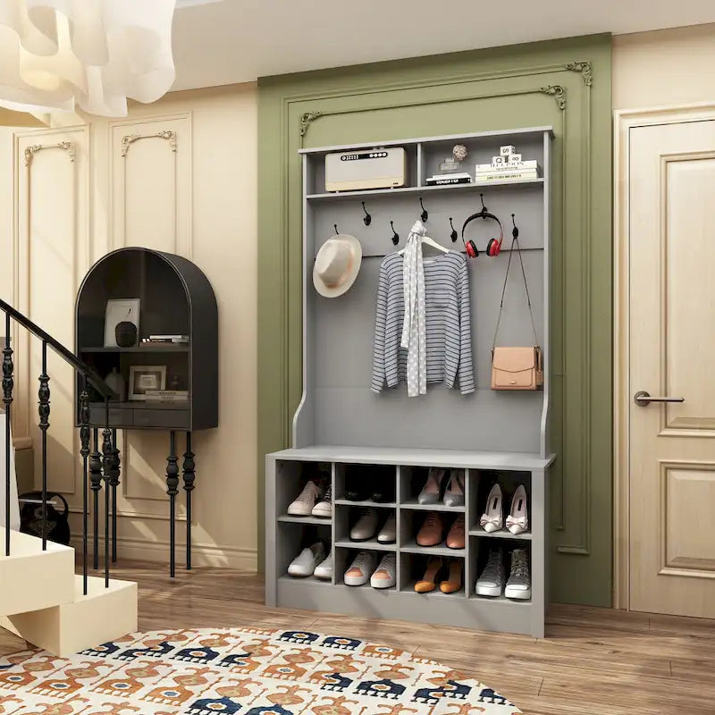 Meuble d'entrée avec patères, banc de rangement à chaussures en bois blanc