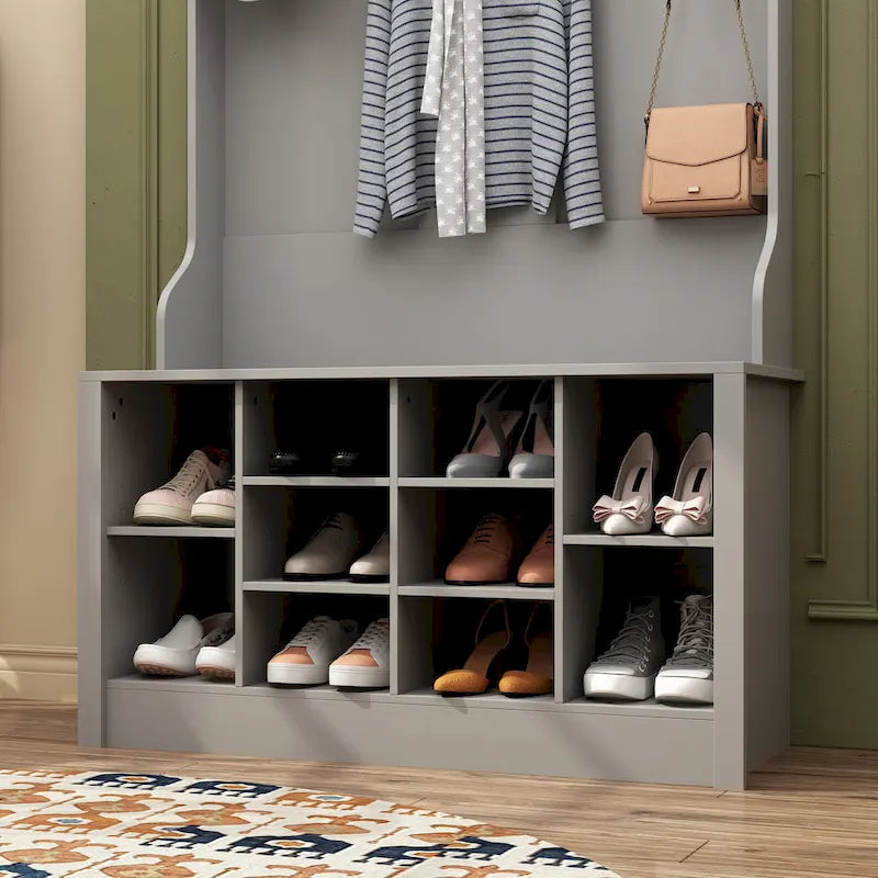Meuble d'entrée avec patères, banc de rangement à chaussures en bois blanc