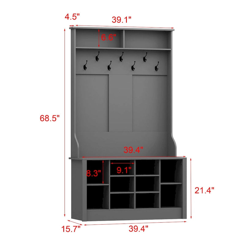 Meuble d'entrée avec patères, banc de rangement à chaussures en bois blanc