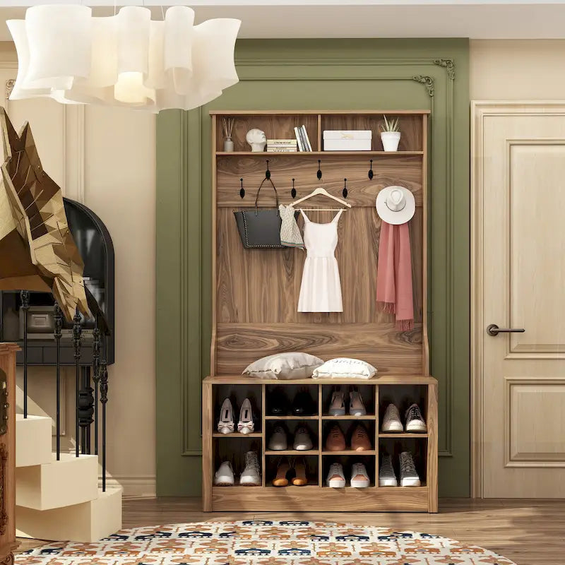 Meuble d'entrée avec patères, banc de rangement à chaussures en bois blanc