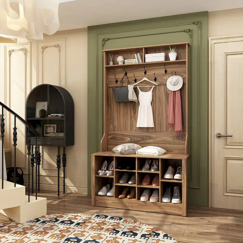 Meuble d'entrée avec patères, banc de rangement à chaussures en bois blanc