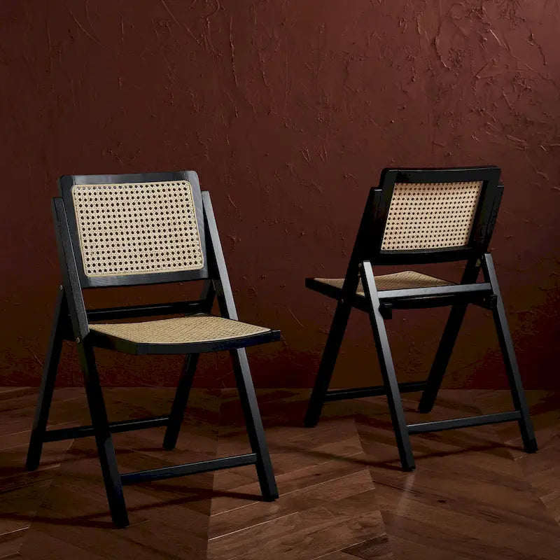 Chaise de salle à manger pliante en bois massif avec maille en rotin cannage Noyer Noir Blanc Naturel