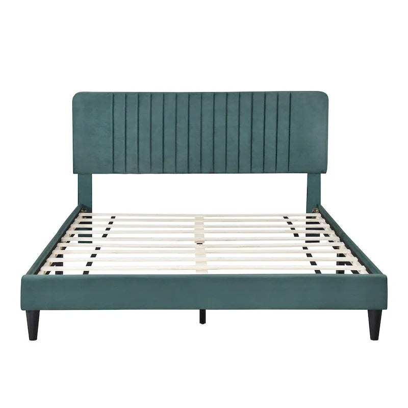 Lit plateforme rembourré en velours avec tête de lit capitonnée, vert et gris