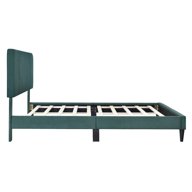 Lit plateforme rembourré en velours avec tête de lit capitonnée, vert et gris