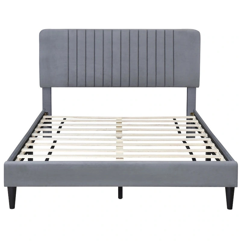 Lit plateforme rembourré en velours avec tête de lit capitonnée, vert et gris