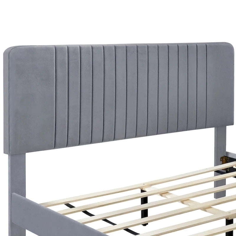 Lit plateforme rembourré en velours avec tête de lit capitonnée, vert et gris