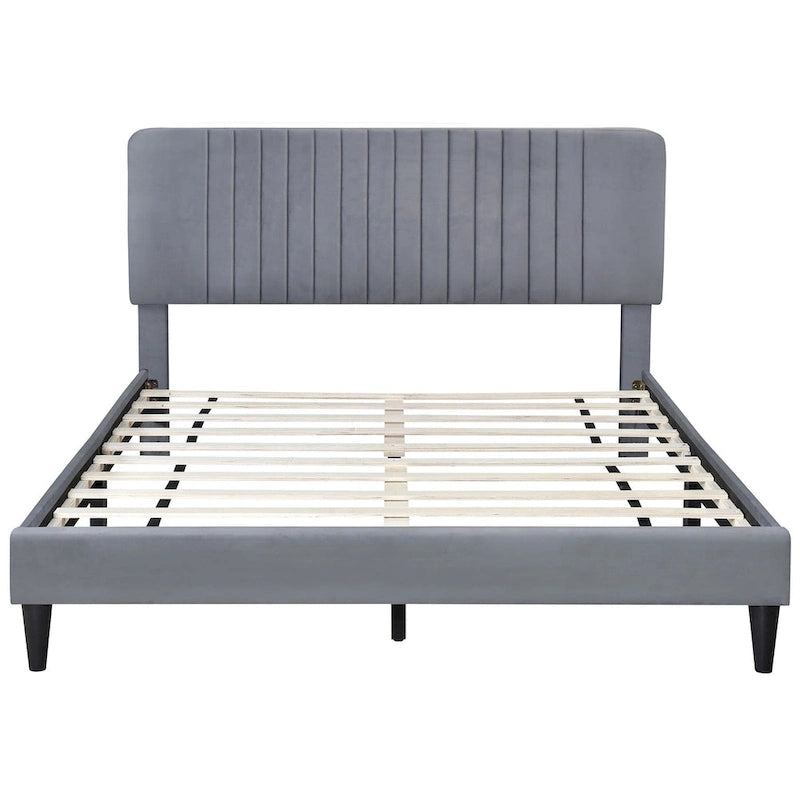 Lit plateforme rembourré en velours avec tête de lit capitonnée, vert et gris