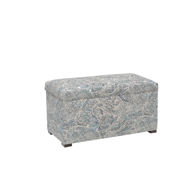 Banc de rangement capitonné en tissu jacquard bleu avec pieds espresso