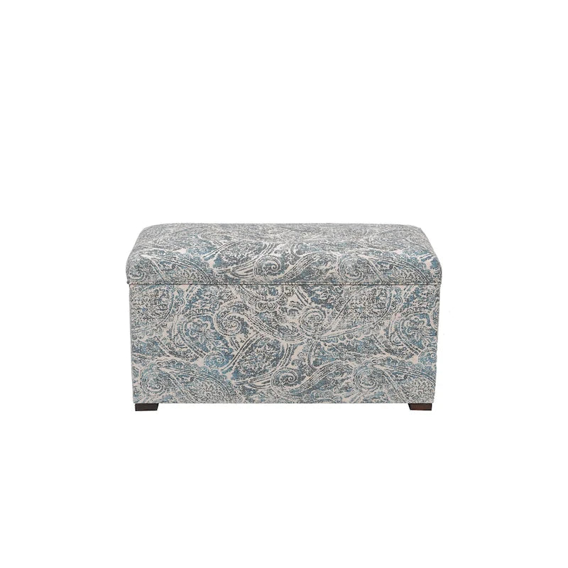Banc de rangement capitonné en tissu jacquard bleu avec pieds espresso