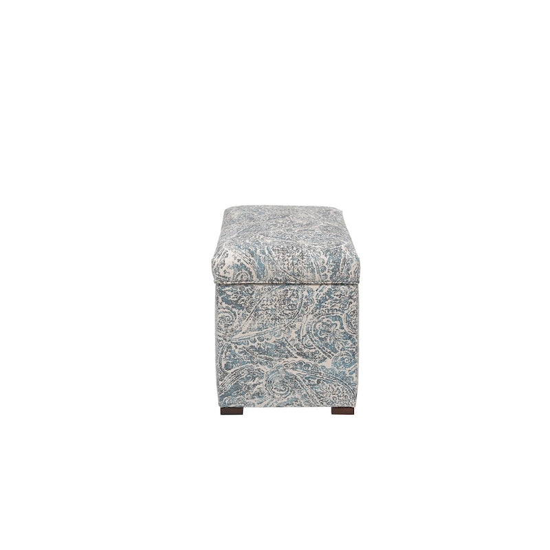 Banc de rangement capitonné en tissu jacquard bleu avec pieds espresso