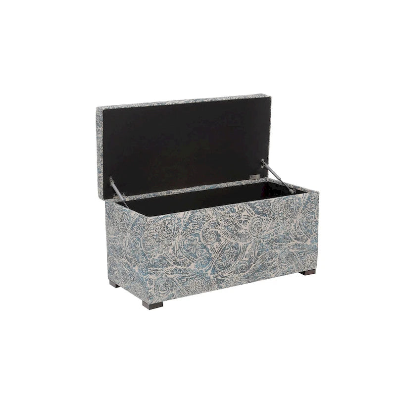 Banc de rangement capitonné en tissu jacquard bleu avec pieds espresso