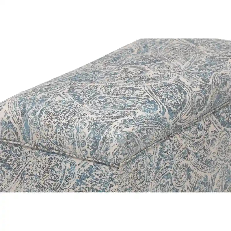 Banc de rangement capitonné en tissu jacquard bleu avec pieds espresso