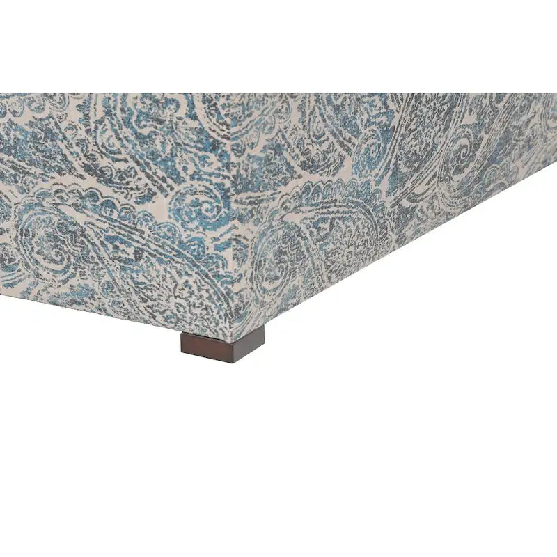 Banc de rangement capitonné en tissu jacquard bleu avec pieds espresso