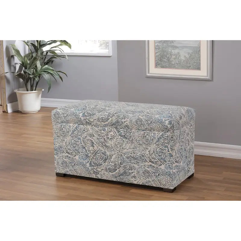 Banc de rangement capitonné en tissu jacquard bleu avec pieds espresso