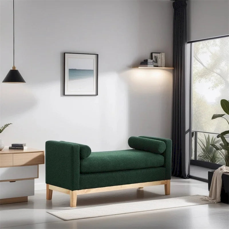 Banc rembourré avec pieds en bois cannelés et traversins