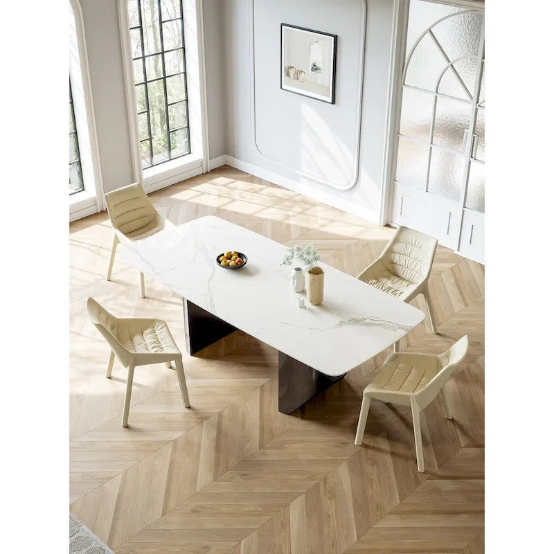 Table à manger rectangulaire en pierre frittée blanche avec double piédestal pour 6 personnes