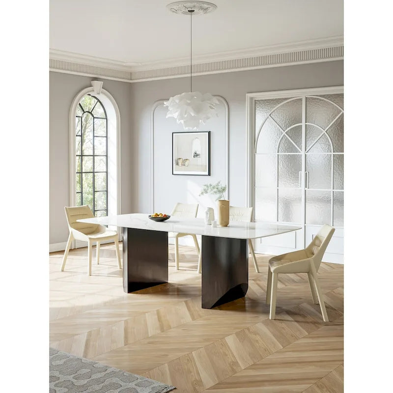Table à manger rectangulaire en pierre frittée blanche avec double piédestal pour 6 personnes
