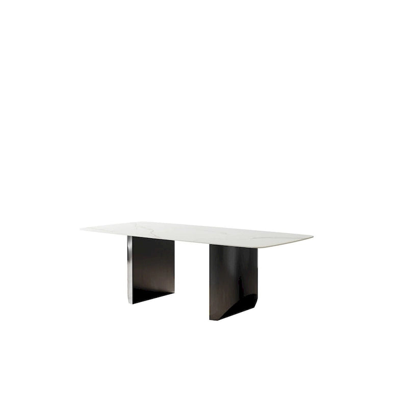 Table à manger rectangulaire en pierre frittée blanche avec double piédestal pour 6 personnes