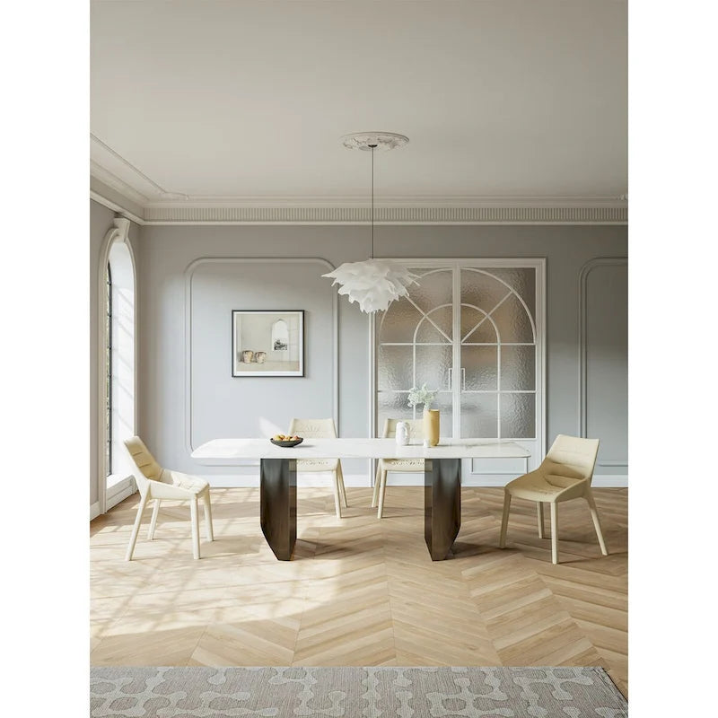 Table à manger rectangulaire en pierre frittée blanche avec double piédestal pour 6 personnes