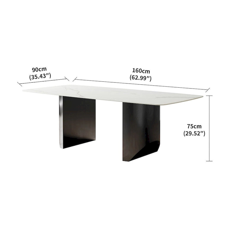 Table à manger rectangulaire en pierre frittée blanche avec double piédestal pour 6 personnes