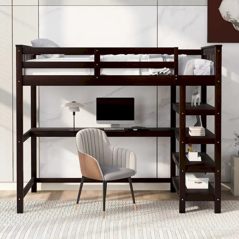 Lit mezzanine jumeau en pin massif avec bureau, étagères et barrières de sécurité