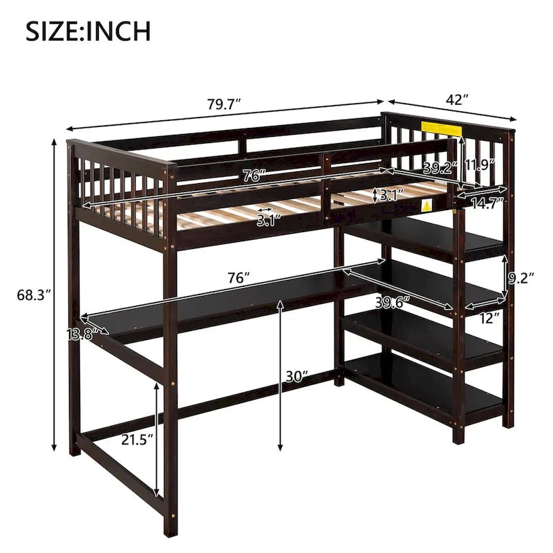 Lit mezzanine jumeau en pin massif avec bureau, étagères et barrières de sécurité