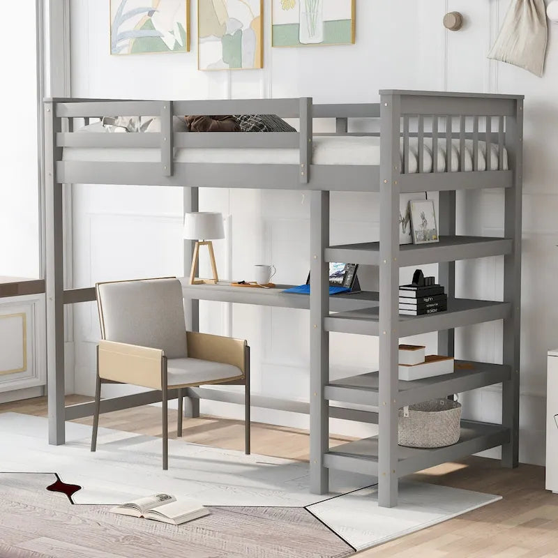 Lit mezzanine jumeau en pin massif avec bureau, étagères et barrières de sécurité