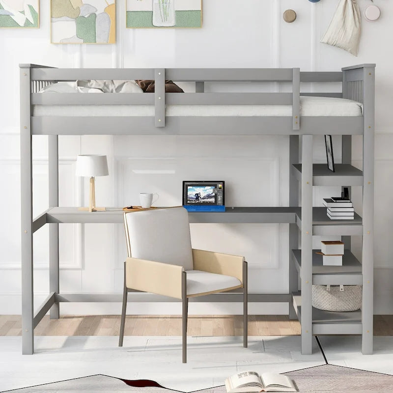 Lit mezzanine jumeau en pin massif avec bureau, étagères et barrières de sécurité