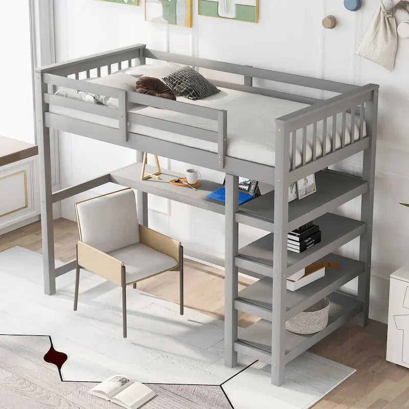 Lit mezzanine jumeau en pin massif avec bureau, étagères et barrières de sécurité