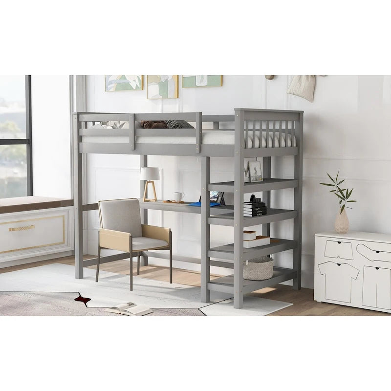 Lit mezzanine jumeau en pin massif avec bureau, étagères et barrières de sécurité