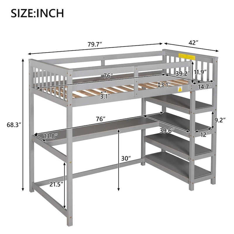 Lit mezzanine jumeau en pin massif avec bureau, étagères et barrières de sécurité