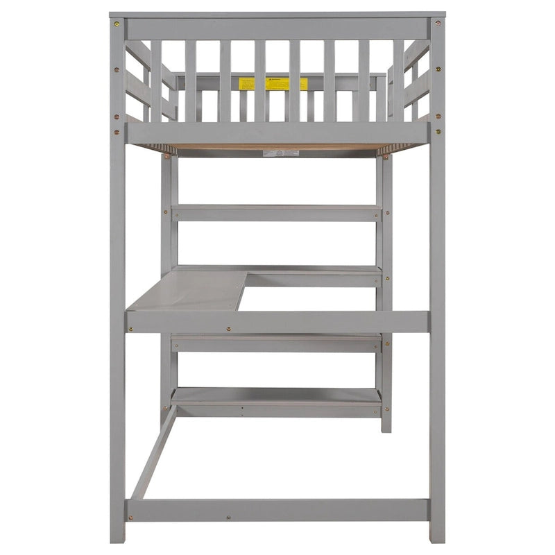 Lit mezzanine jumeau en pin massif avec bureau, étagères et barrières de sécurité