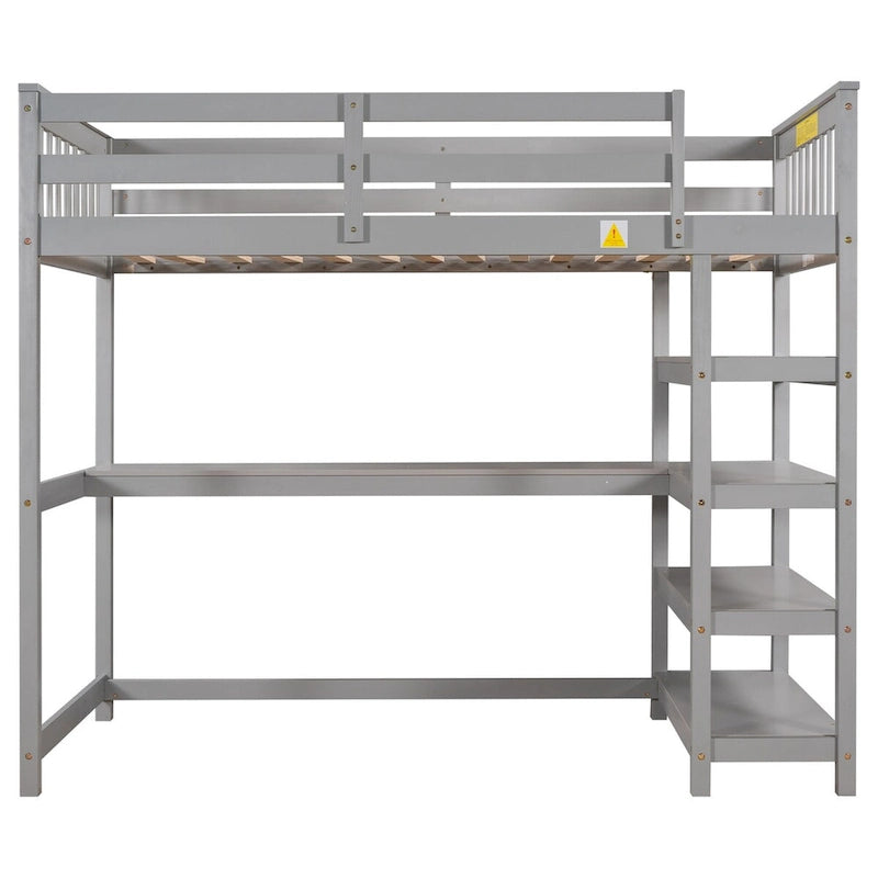 Lit mezzanine jumeau en pin massif avec bureau, étagères et barrières de sécurité