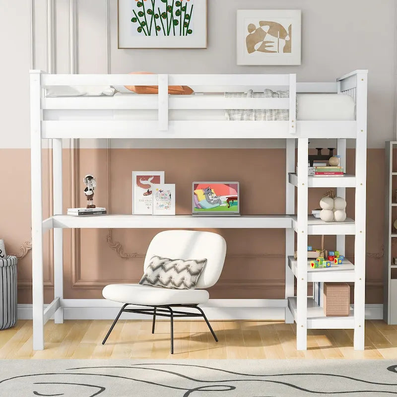 Lit mezzanine jumeau en pin massif avec bureau, étagères et barrières de sécurité