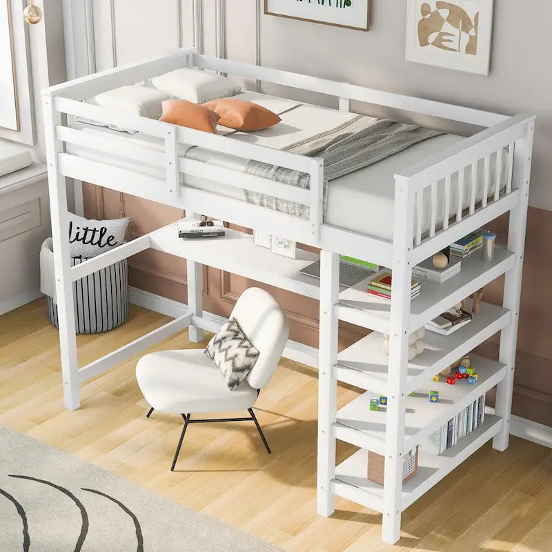 Lit mezzanine jumeau en pin massif avec bureau, étagères et barrières de sécurité