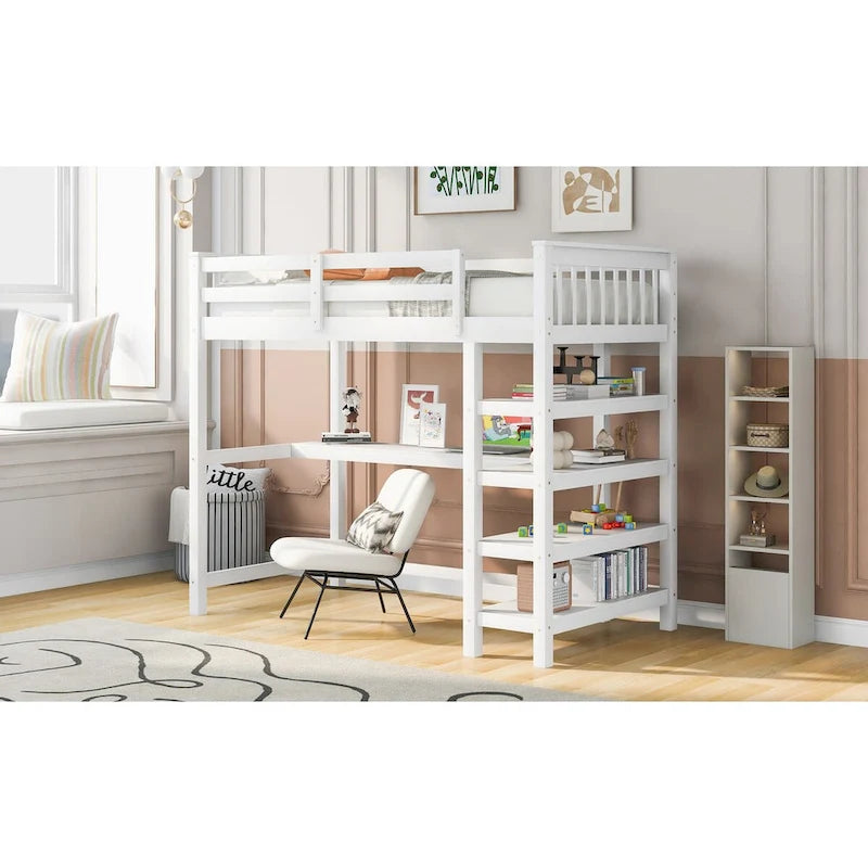 Lit mezzanine jumeau en pin massif avec bureau, étagères et barrières de sécurité
